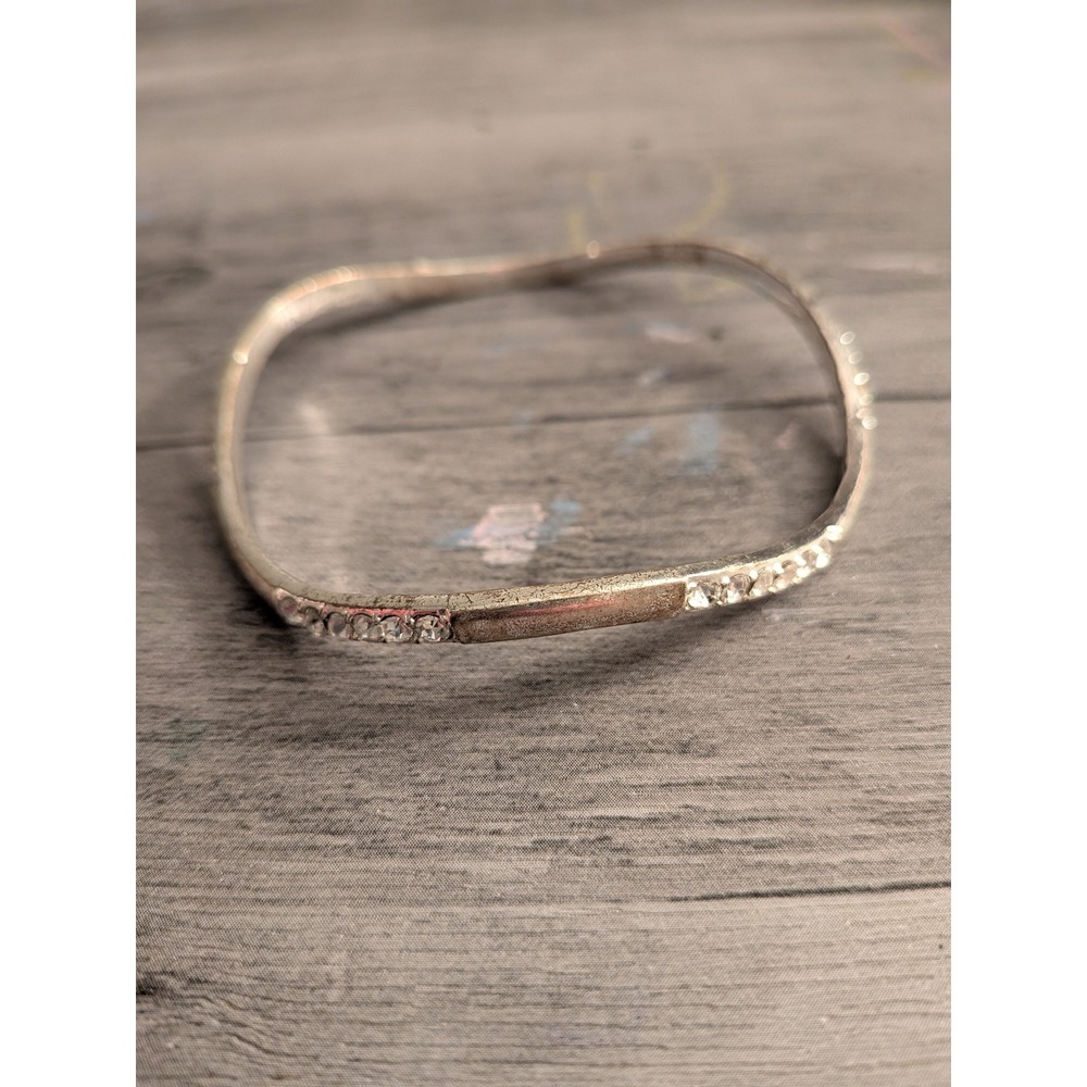 Silver Tone Square Rhinestone Bangle Bracelet Minimalist Stackable Jewelry